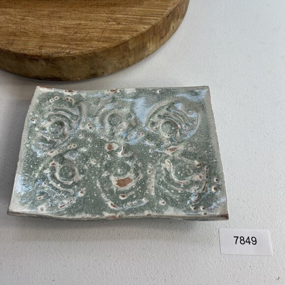 Studio Art Pottery Riser Footed Trinket Tray Dish 8.5" Blue Swirl Handmade - Picture 7 of 8